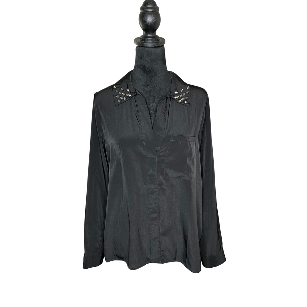 Vintage Havana Long Sleeve‎ Studded Collar V-neck Goth Punk Black Small